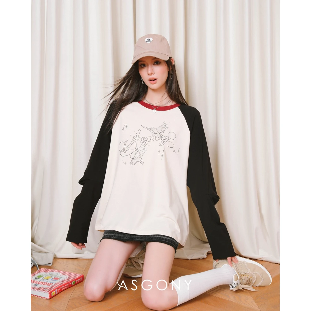 AsGony美式复古闪粉印花拼色插肩T恤设计感小众女装长袖T