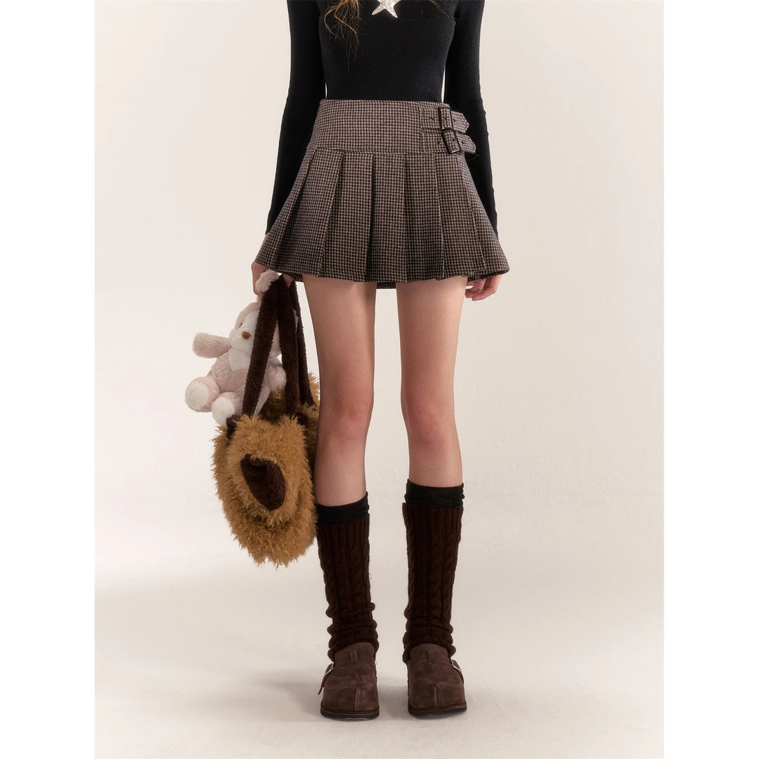 【反季清清福利】AsGony简约百搭千鸟格百褶a字半身裙