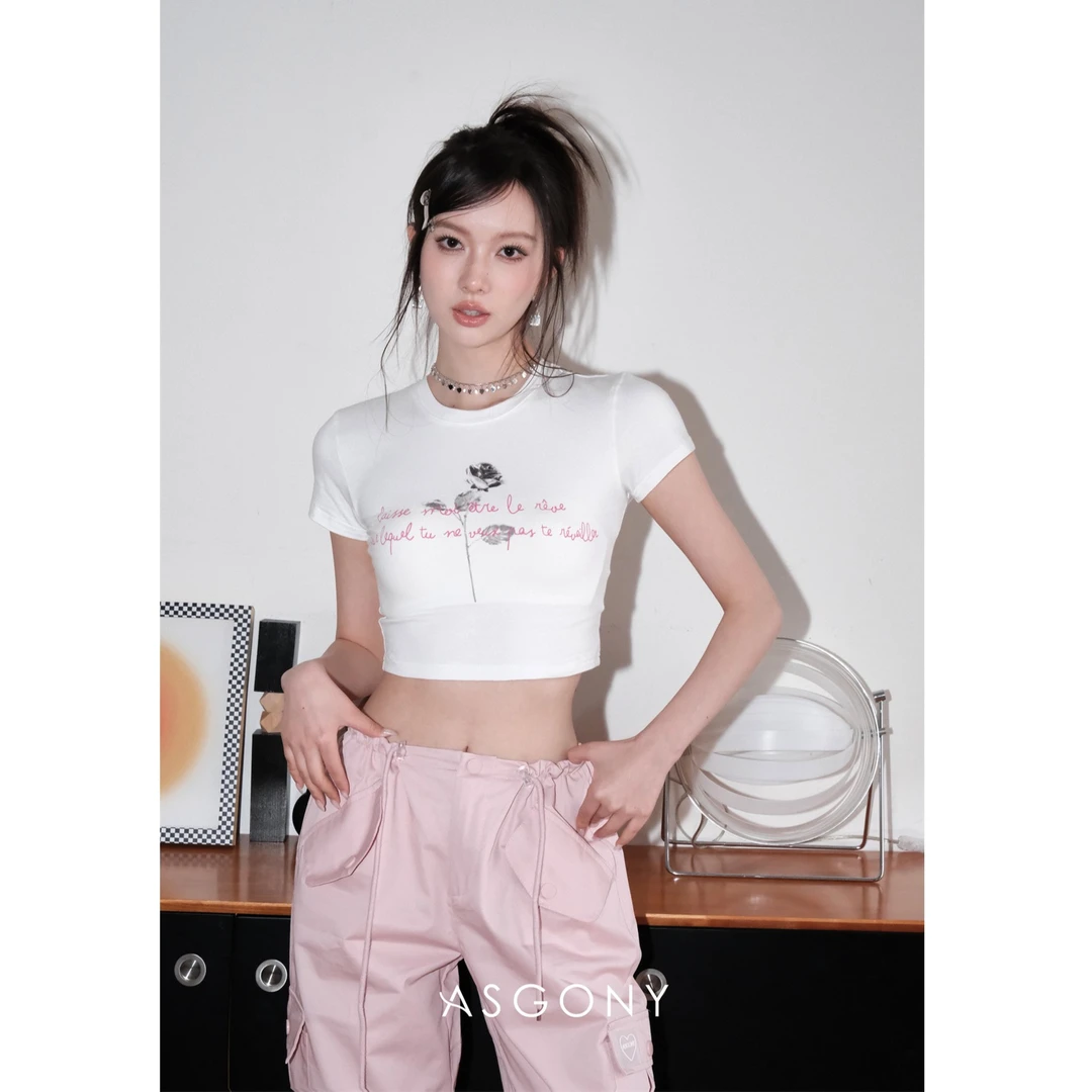 【现货】AsGony白色短袖圆领T恤女夏季薄款高级感玫瑰印花短款上衣
