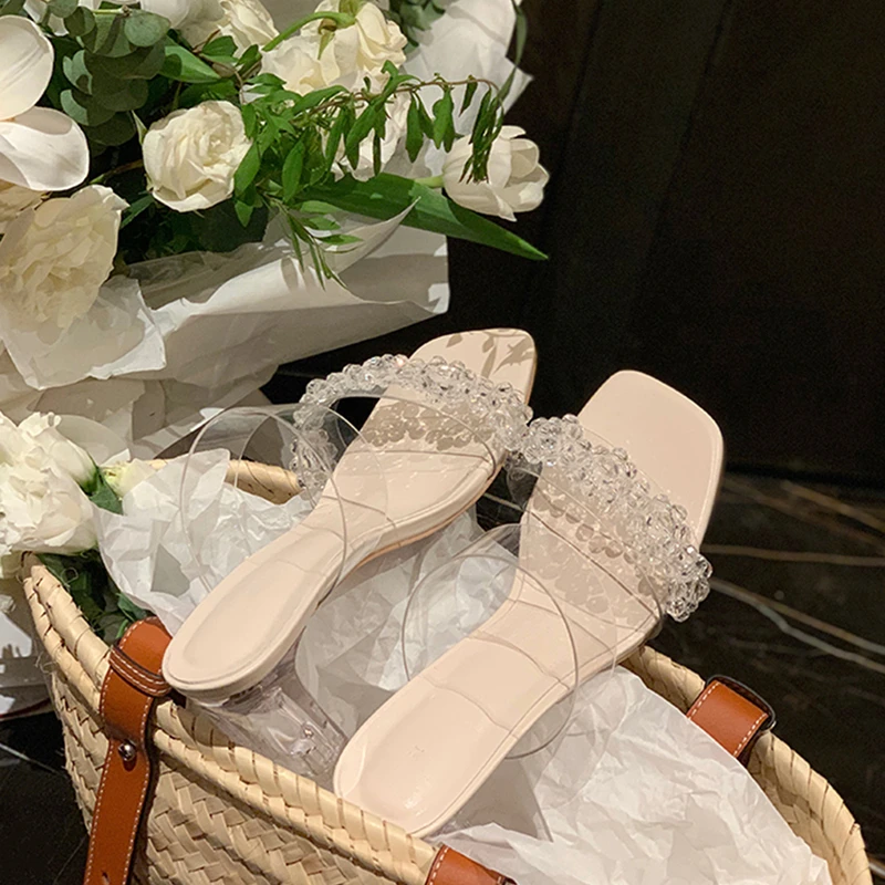 仙女风水钻粗跟凉鞋女水晶透明高跟凉拖鞋夏季新款外穿百搭一字拖