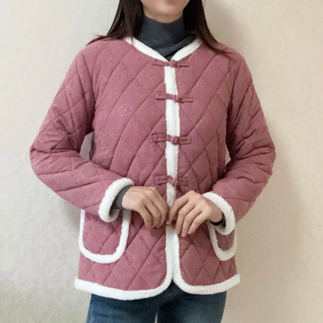 2024新款爆品小香风仿兔毛新中式国风手工盘扣棉衣棉袄加绒加厚