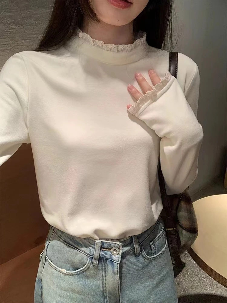 半高领德绒打底衫女秋冬内搭修身蕾丝花边拼接高级设计感小众上衣