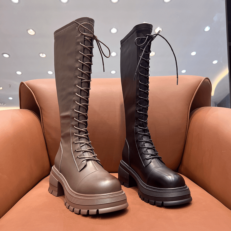 女鞋小个子时尚厚底骑士长靴长筒系带百搭加绒过膝秋冬弹力