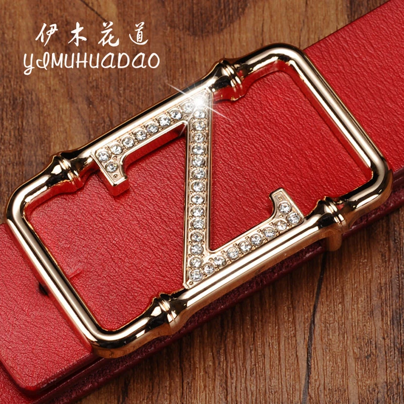 真皮女士镶钻字母扣皮带牛仔裤腰带时尚潮百搭平滑扣裤腰带欧美风