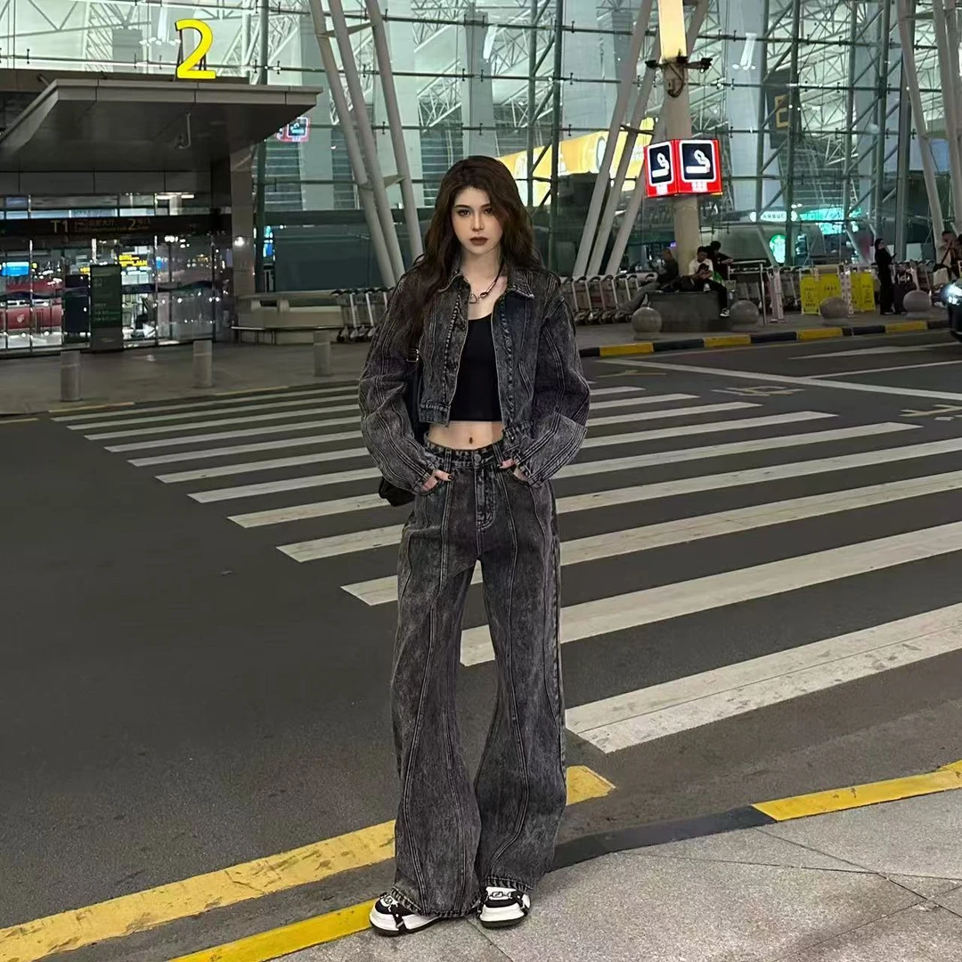 恩恩自制「美式辣妹风」酷飒炸街复古洗水牛仔套装 20035