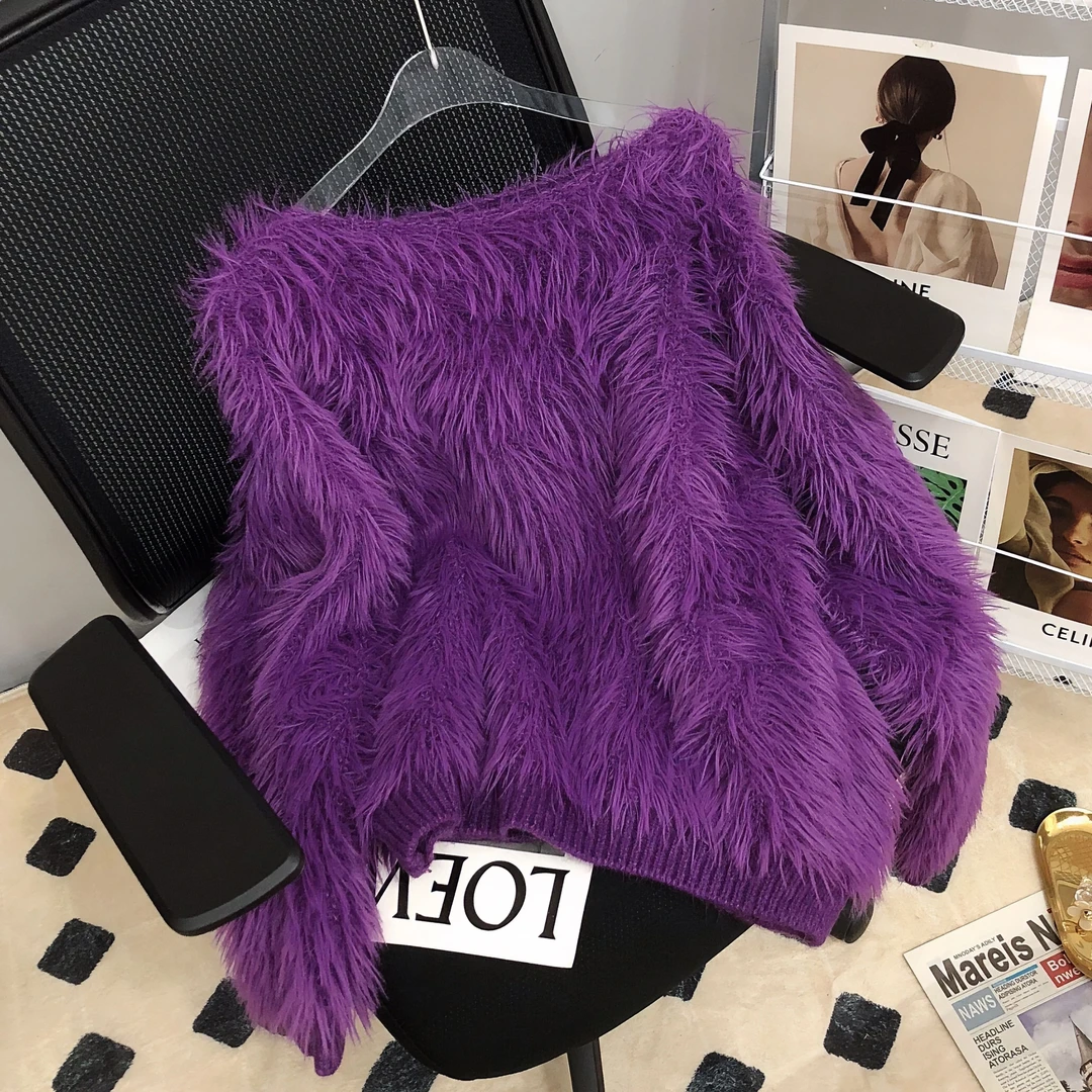秋冬女装外穿洋气仿水貂绒针织衫上衣网红爆款宽松慵懒风紫色毛衣