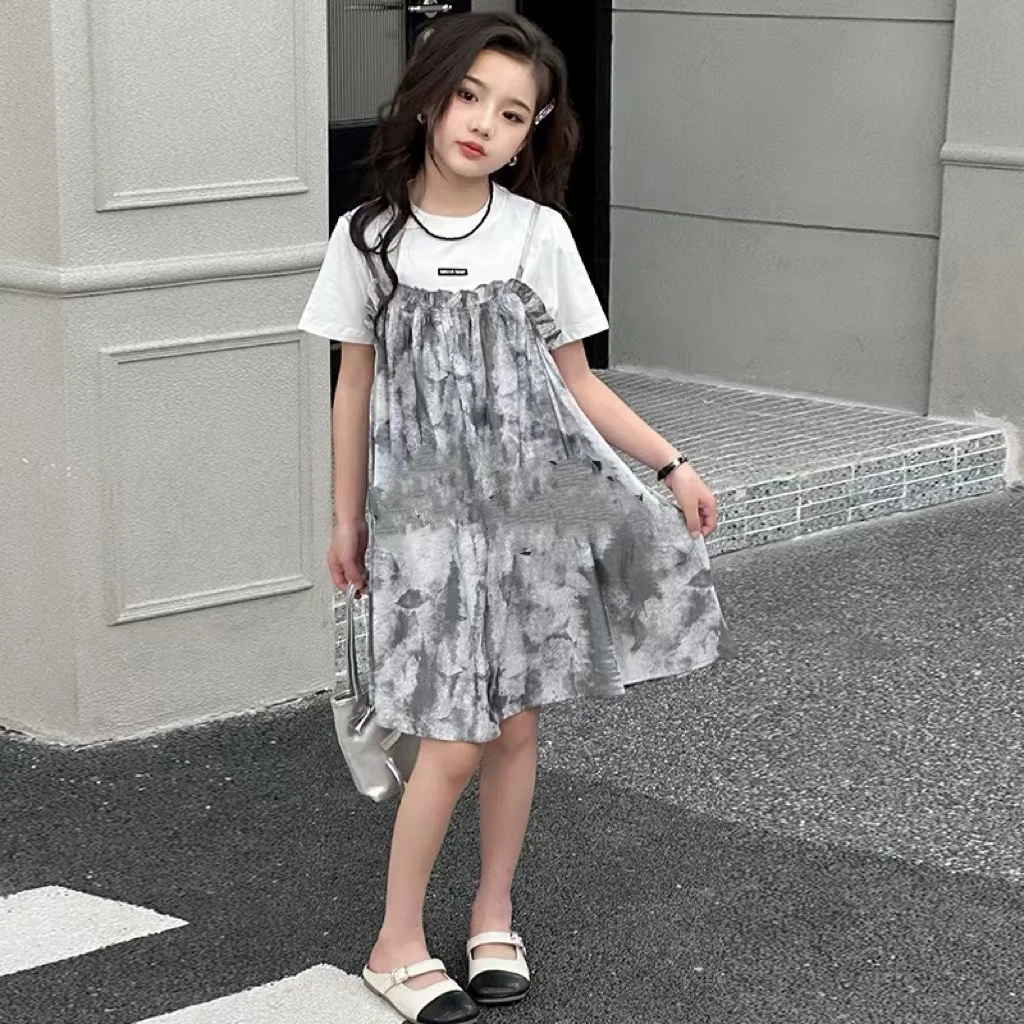 406174《现》小涵家玲姐优选韩版儿童舒适扎染吊带连衣裙两件套装