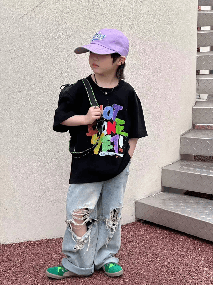 404025《黑》小涵家玲姐定制韩版儿童休闲日常潮牌夏款洋气字母短袖