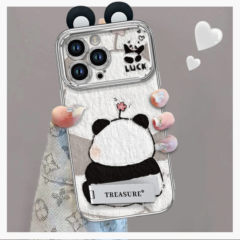 闷气熊猫适用苹果VIVO华为OPPO小米电镀大视窗iPhone15手机壳女
