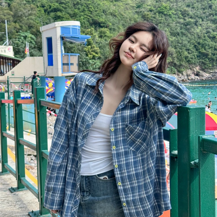 蓝色格子衬衫女慵懒风2024春夏韩系宽松复古衬衣长袖防晒上衣外套