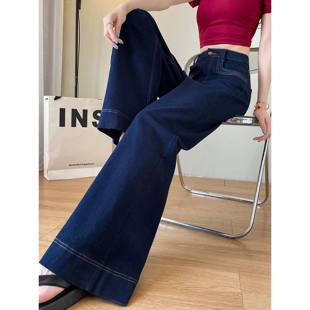 丹宁蓝阔腿牛仔裤女春秋季2024年新款高腰显瘦宽松垂感拖地裤垂感
