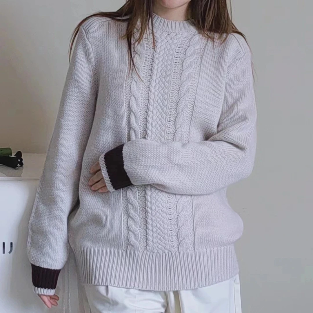 虎儿 3-1211 0826 袖口撞色粗纺圆领毛衣