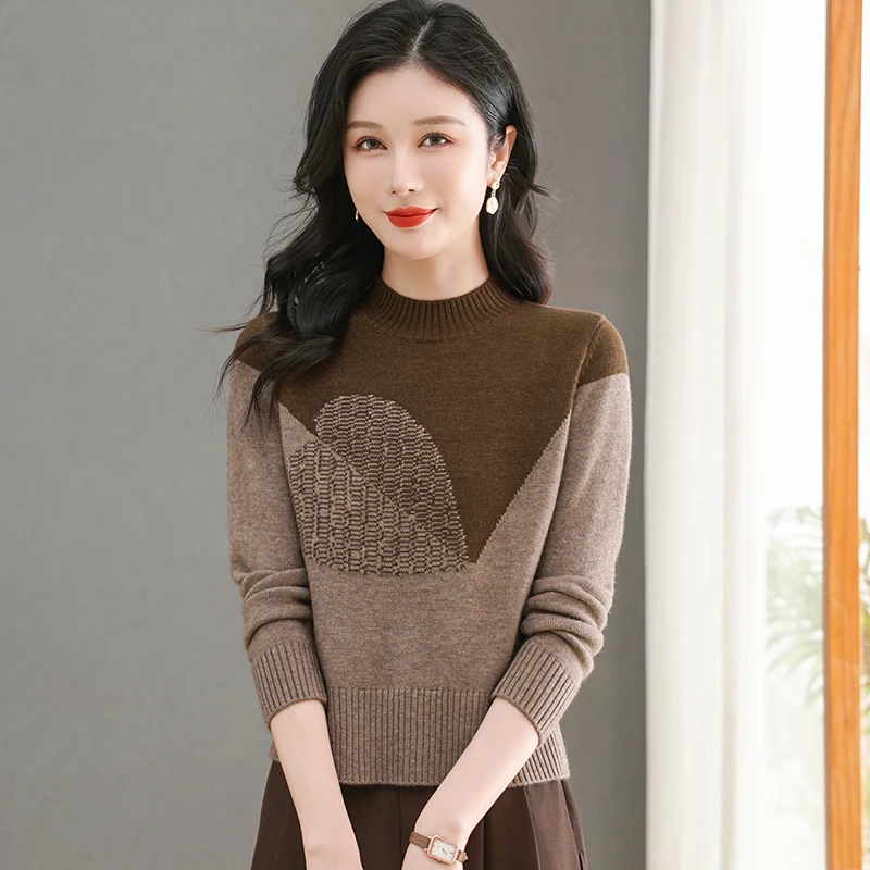 2024年秋冬新款拼色针织衫半高领时尚洋气宽松显瘦套头百搭毛衣