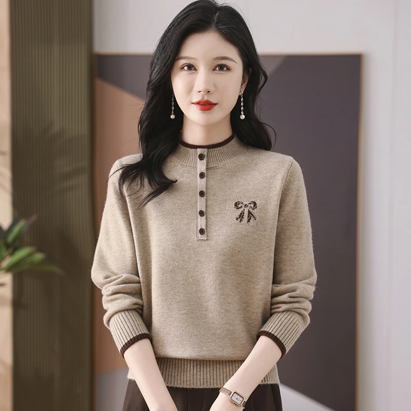 2024年秋冬新款拼色针织衫半高领时尚洋气宽松显瘦款套头百搭毛衣