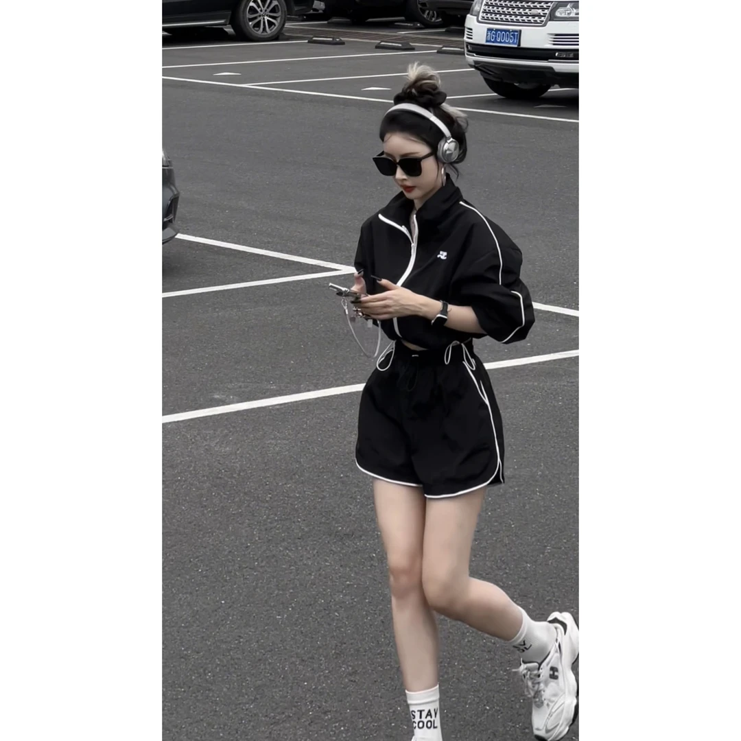 夏秋新款韩版薄款宽松长袖设计感短裤运动休闲套装女显瘦气气质