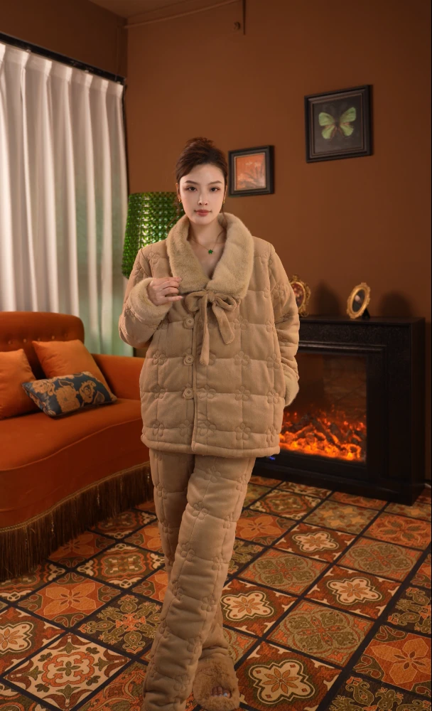 【浅金驼●短款】2024新款家居服三层夹棉加厚冬款保暖套装