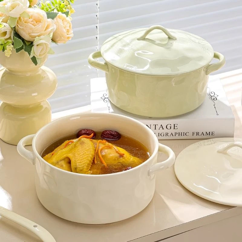 双耳汤碗大号家用2025新款奶油风带盖螺蛳粉碗陶瓷汤锅面碗大汤盆