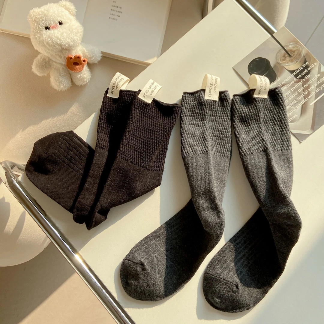 春秋韩版ins后跟布标小腿袜粗线针织竖条纯色松弛感百搭堆堆袜女