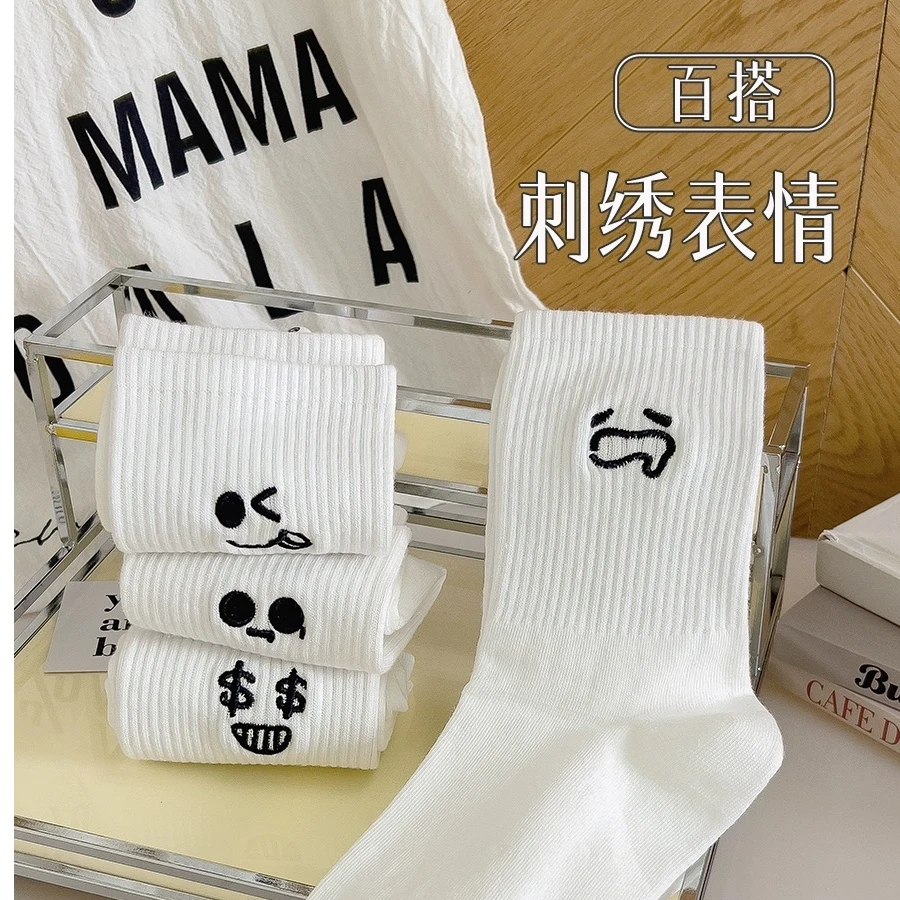 白色袜子女中筒袜夏季薄款ins潮棉刺绣情侣运动夏秋款男士长袜