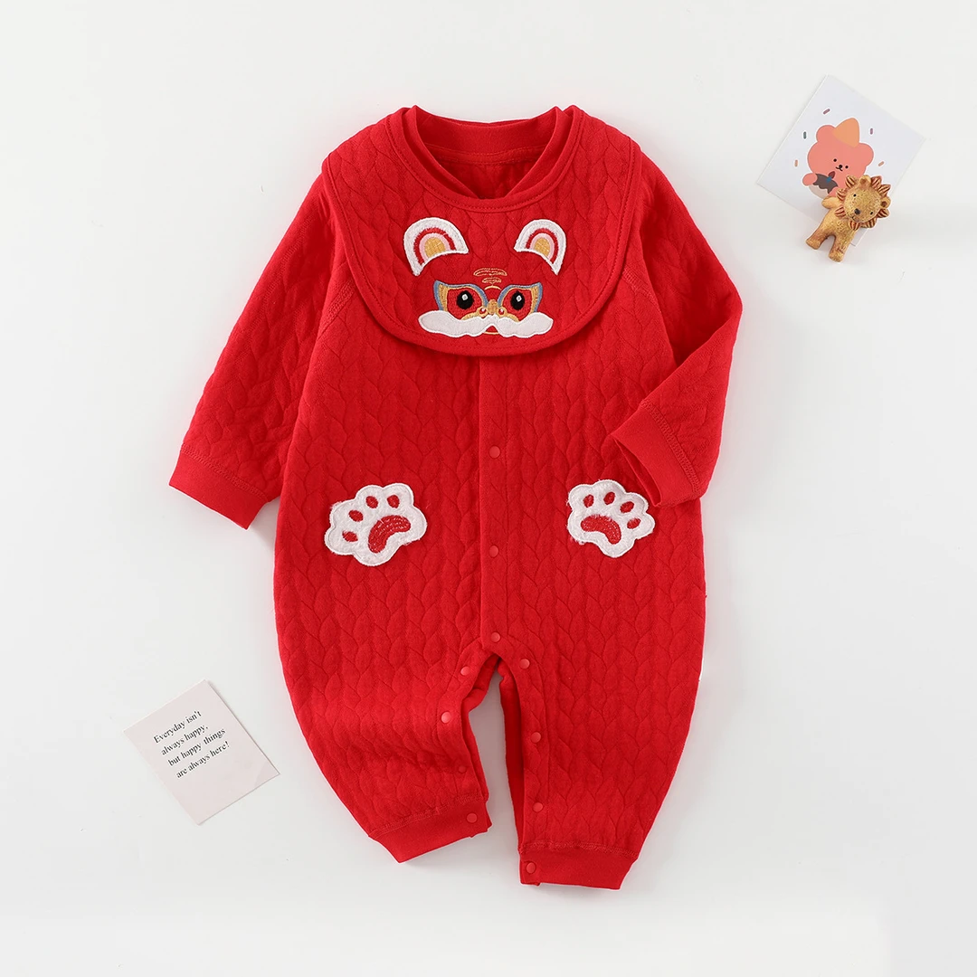 宝宝保暖连体衣服春装夹棉百日宴满月红色拜年服新生婴儿过年爬服