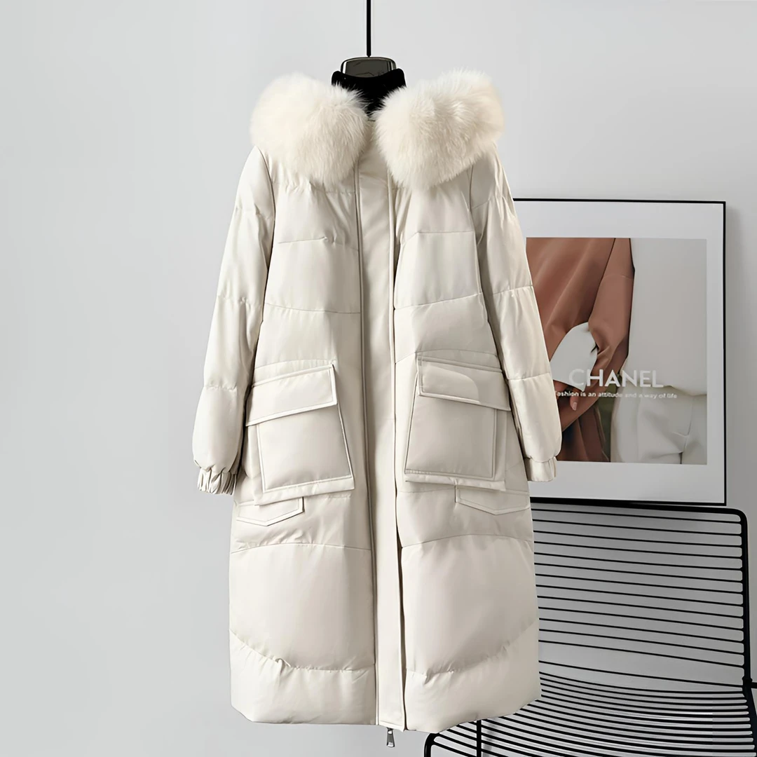 玖若冬季长款狐狸毛领连帽韩版保暖羽绒皮衣女外套PSG8789