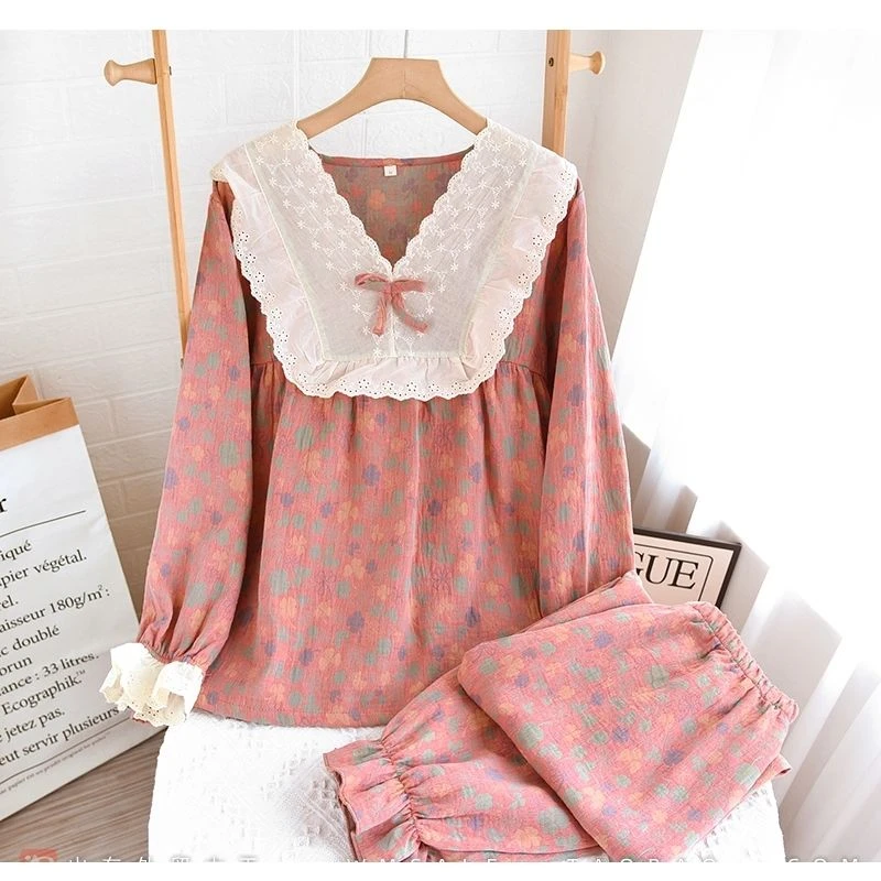 蕾丝花边睡衣女士色织纯棉纱布双层长袖薄款春秋夏季家居服套装