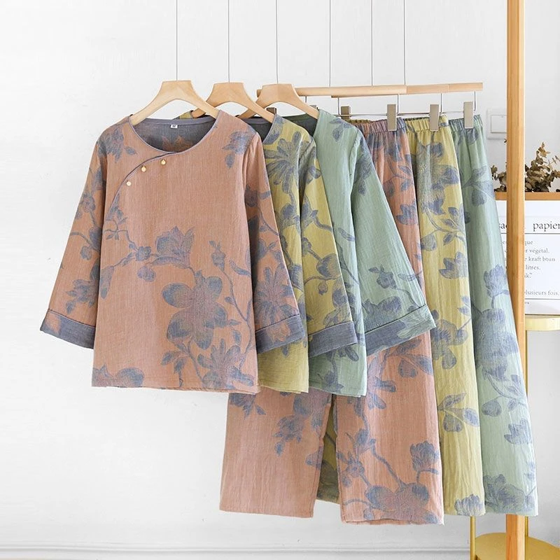 玉兰盘扣中国风睡衣女纯棉纱布家居服古风优雅中式复古春秋夏季