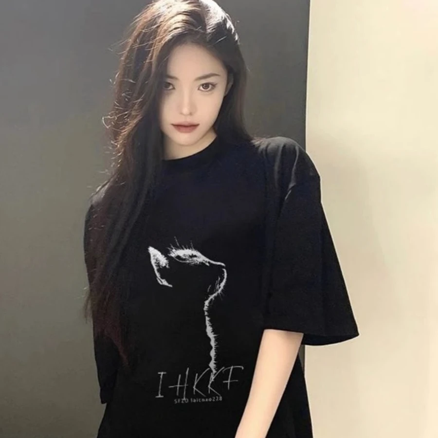 100%纯棉320克重磅美式复古猫咪侧影短袖印花圆领黑色T恤宽松潮牌
