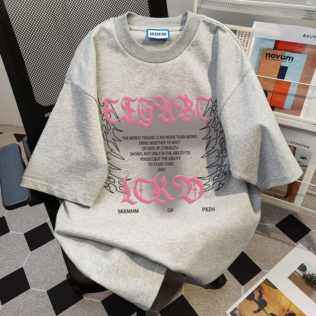 100%纯棉320克重磅夏季高街短袖国潮牌上衣t恤男女宽松印花圆领款