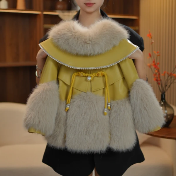 AODUOSEN/奥多森高端定制女童后背黄扣小香风皮衣一体毛毛外套