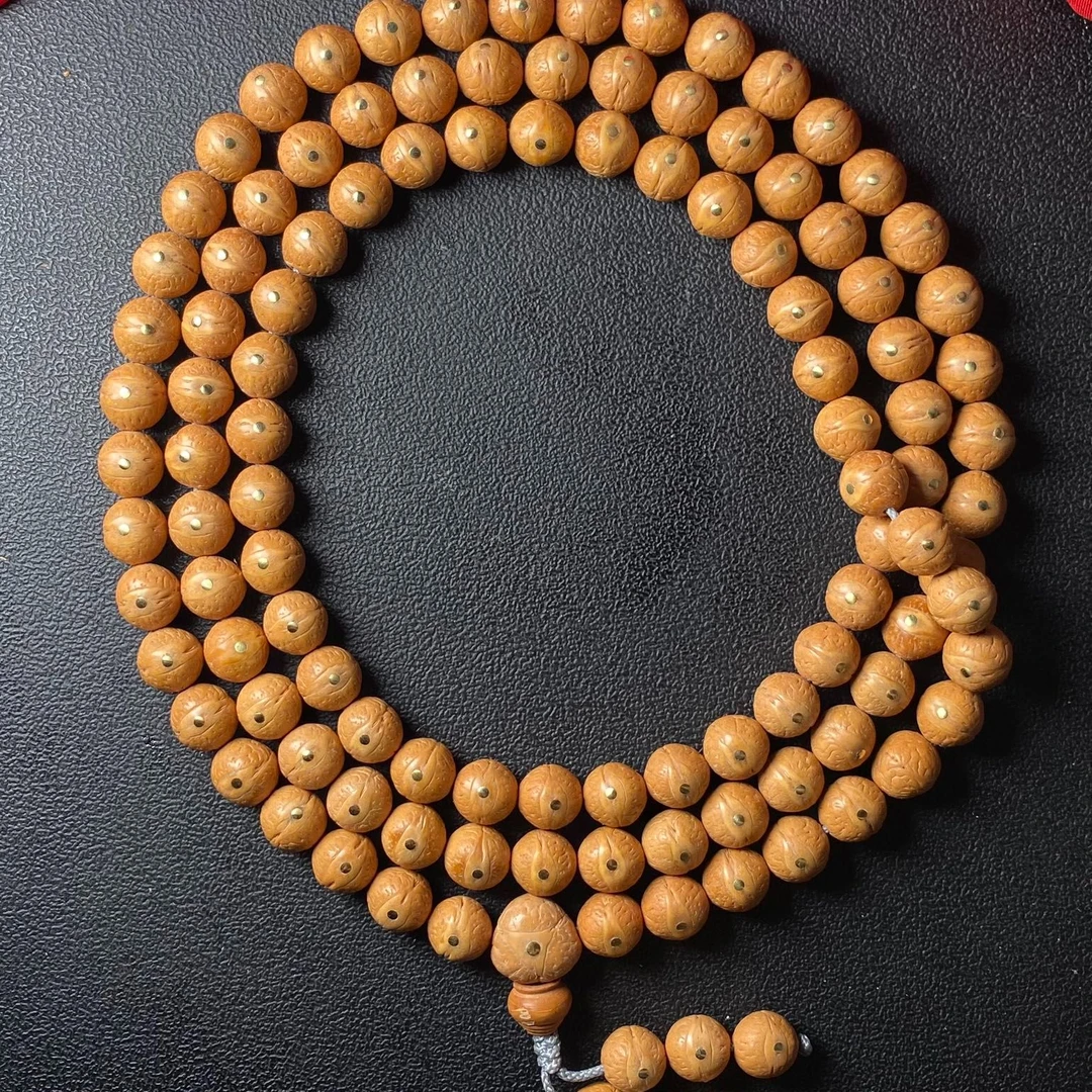 尼泊尔镶嵌铜钉11.5mm凤眼菩提菩提108颗念珠黄皮原籽盘玩好物