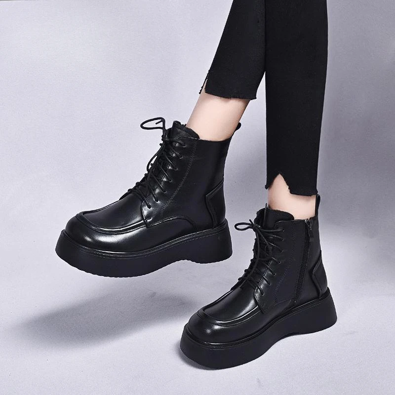 厚底时尚马丁靴加绒大头鞋女2025冬季新款羊毛短靴冬款保暖皮靴子