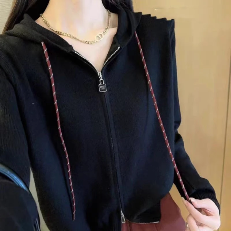 短款连帽双拉链毛衣开衫外套女秋季2025新款宽松慵懒风针织衫上衣