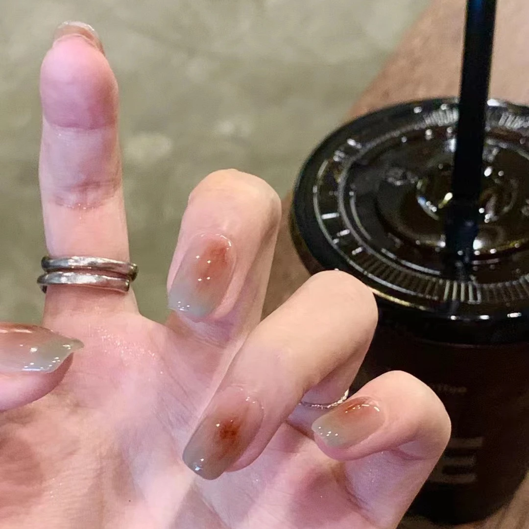 【短梯甲】美拉德风雾霾蓝焦糖穿戴甲美甲贴片可拆卸假指甲