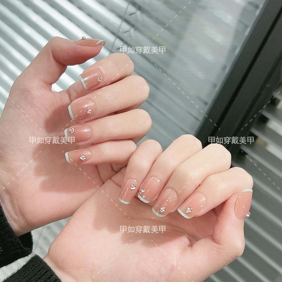 (短短T)蓝法式碎钻穿戴甲美甲贴片可拆卸假指甲贴片