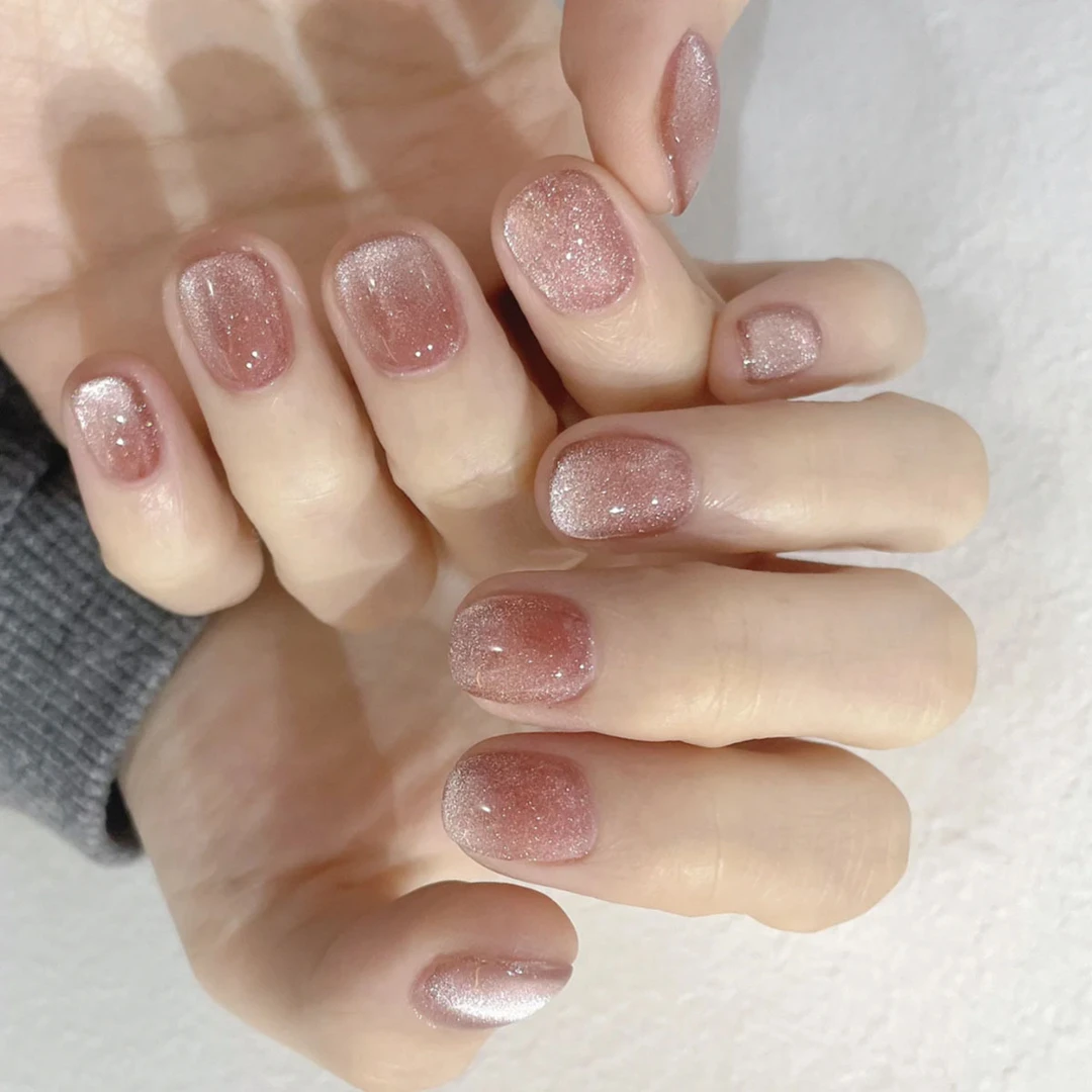 （短款）粉色全晶石猫眼穿戴式穿戴甲美甲贴片可拆卸假指甲