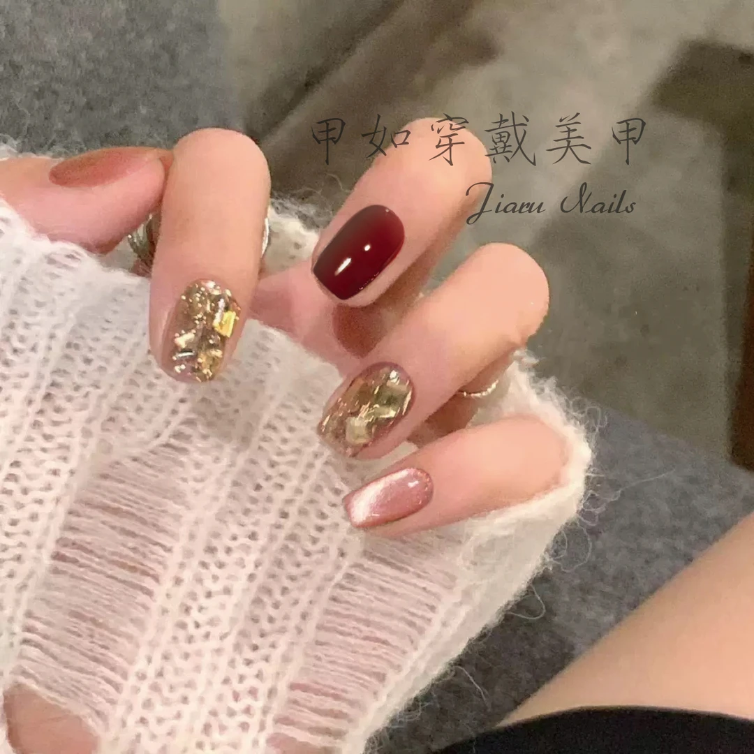 （短T）安可拉红香槟猫眼不对称穿戴甲美甲贴片可拆卸假指甲