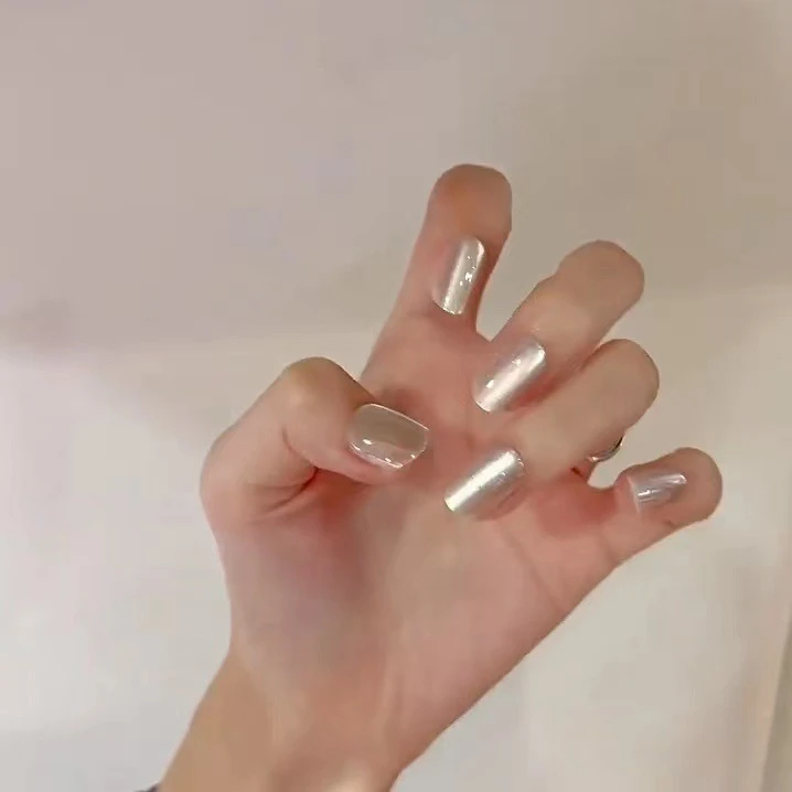 【短梯甲】陶瓷白玻璃珠猫眼白月光手工穿戴甲美甲贴片可拆卸假指甲