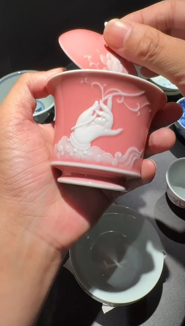 【闪购商品】天义华 桃红堆白 捻指荷花盖碗