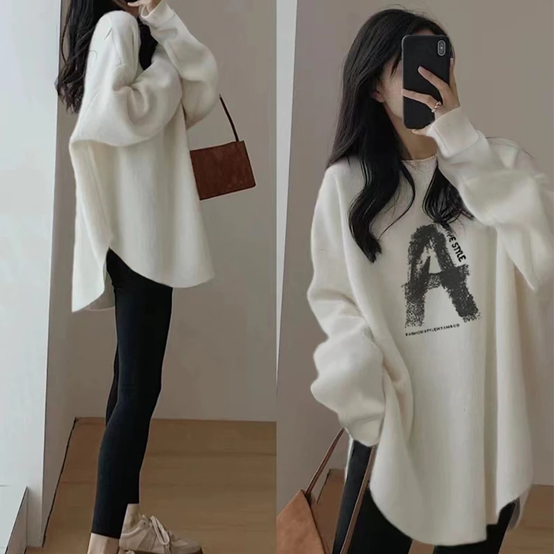 搭配鲨鱼裤的上衣 加厚中长款卫衣打底衫女秋冬遮屁股内搭长袖t恤