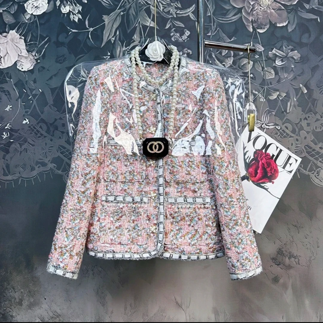 粉色编织金色珍珠设计手工款秋冬款圆领外套气质轻奢时尚小香风