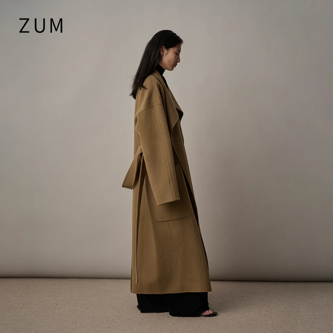 zum大衣女秋冬新款大翻领廓形长款双面绒毛呢外套冬季