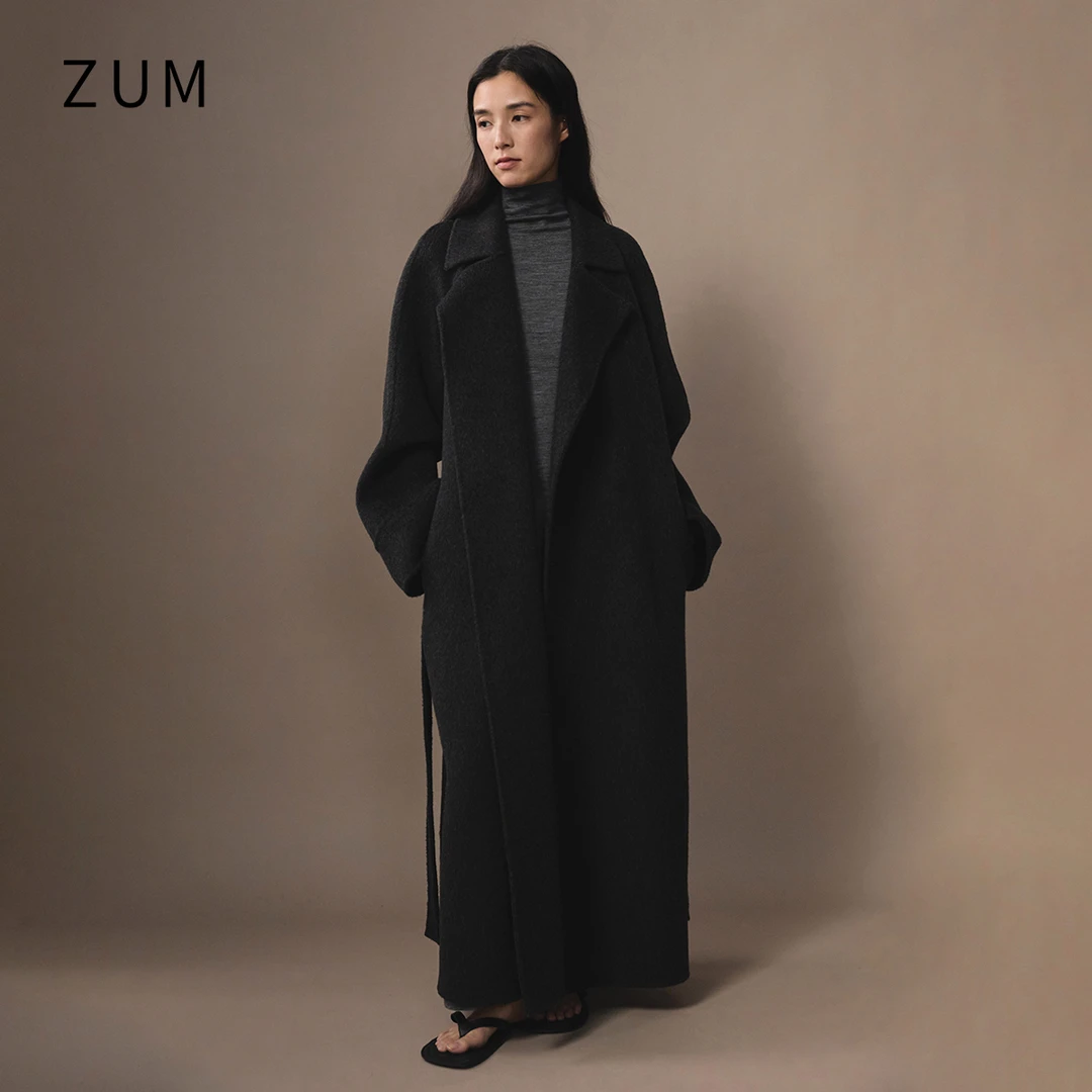 ZUM 矿物灰色骆驼绒外套女秋冬超长新款大翻领气质双面羊毛呢大衣