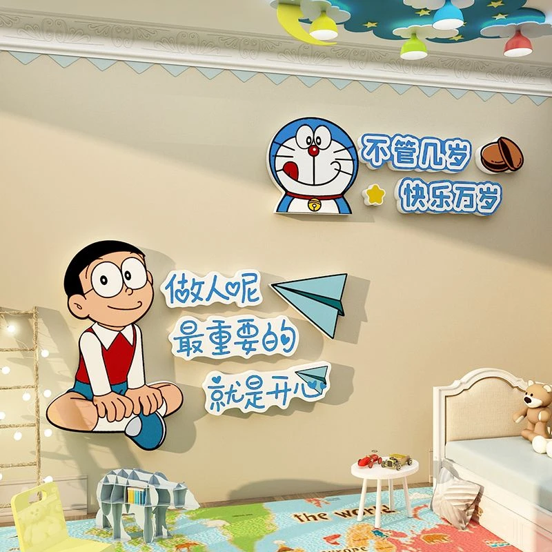 儿童房间布置墙面装饰公主卧室床头背景墙哆啦a梦网红小房间改造