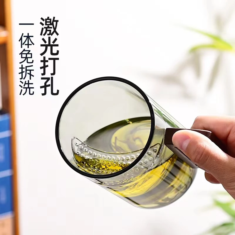 耐高温透明玻璃水杯加厚月牙过滤一体绿茶杯木把杯子泡茶杯茶水杯