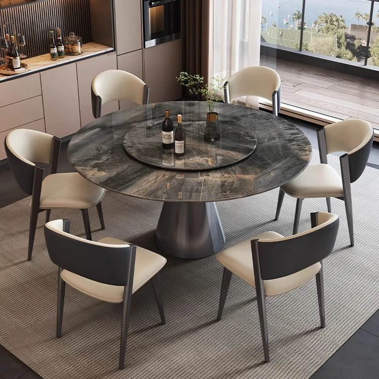意式极简超晶石圆桌带转盘设计师款不锈钢底座现代简约小户型饭桌