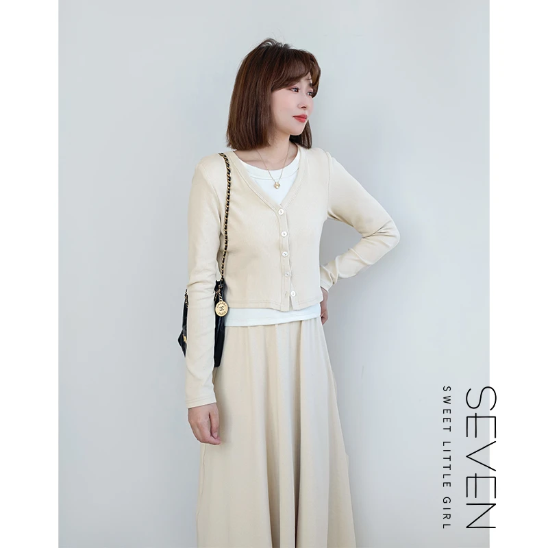 ②七七146小个子秋季韩系假两件针织T恤套装女半身裙两件套小美说