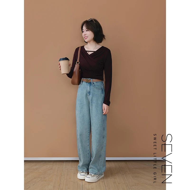 ②七七146小个子早秋新款复古水洗高腰窄版显瘦直筒牛仔裤女小美说