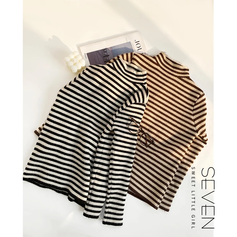 七七146小个子半高领慵懒风条纹毛衣女冬韩版时尚百搭针织打底衫
