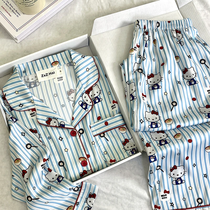 侘町2025新款泡面kitty长袖睡衣女夏款冰丝家居服套装卡通春秋款